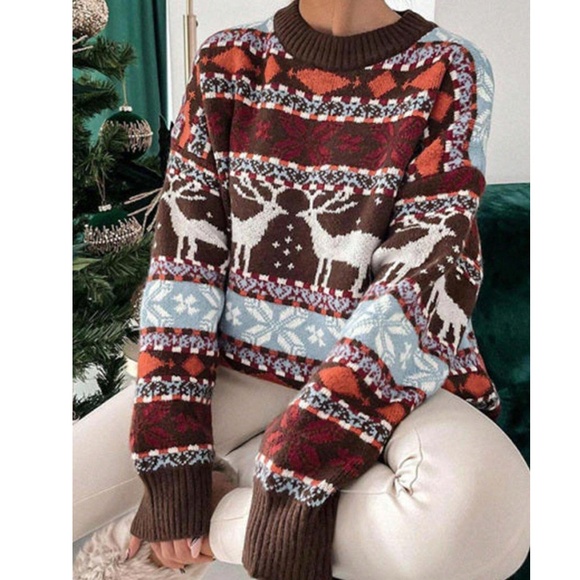 Cozy Christmas Holiday Print Oversized Sweater Top - Picture 1 of 4